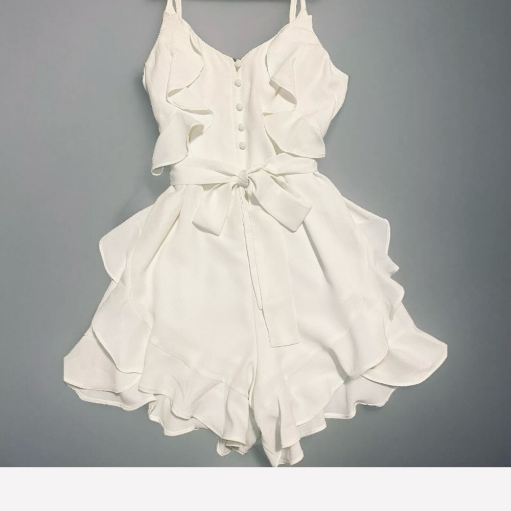 Ruffle Chiffon Romper Women S Adjustable Straps One Piece Button Front w/Sash